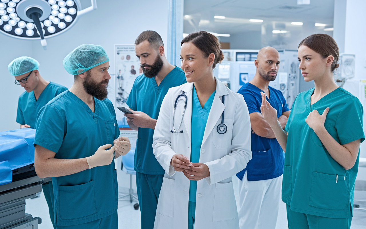 A diverse group of medical professionals in a hospital setting, including an orthopedic surgeon, cardiologist, and dermatologist. Each dressed in their unique scrubs, engaged in their specialties - the orthopedic surgeon in a surgery room, the cardiologist consulting with a patient, and the dermatologist in a skincare clinic. The environment is bright and modern with medical charts and equipment in the background, creating a sense of urgency and professionalism.