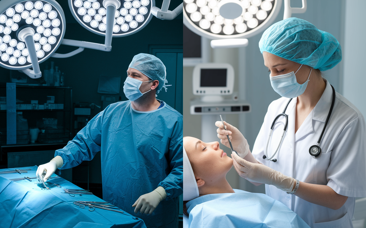 A split scene showing the contrasting work-lives of high-earning medical professionals. On one side, a stressed orthopedic surgeon charging through an operating room with surgical tools, contrasted with a calm dermatologist performing an aesthetic procedure in a serene clinic. The lighting shows dramatic contrasts: bright fluorescent in the surgery room and soft warm in the clinic, highlighting the variations in daily life for these specialists.