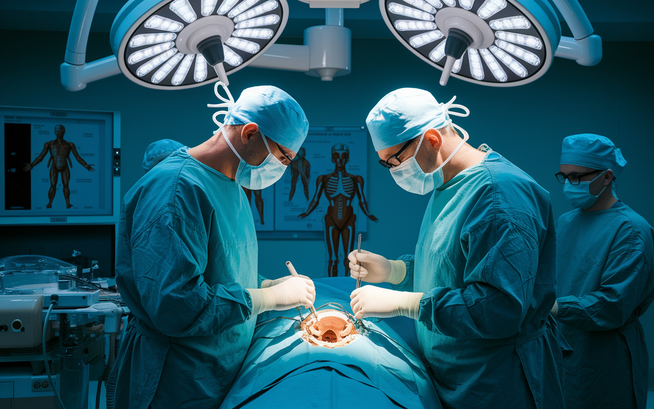 An orthopedic surgeon in action, depicted in a modern, sterile operating room. The surgeon is focused on performing a joint replacement surgery, surrounded by advanced surgical equipment and assistants. The lighting is bright, emphasizing the intricate details of the operation, with anatomical models and surgical diagrams visible on the walls, conveying a high-tech medical environment.