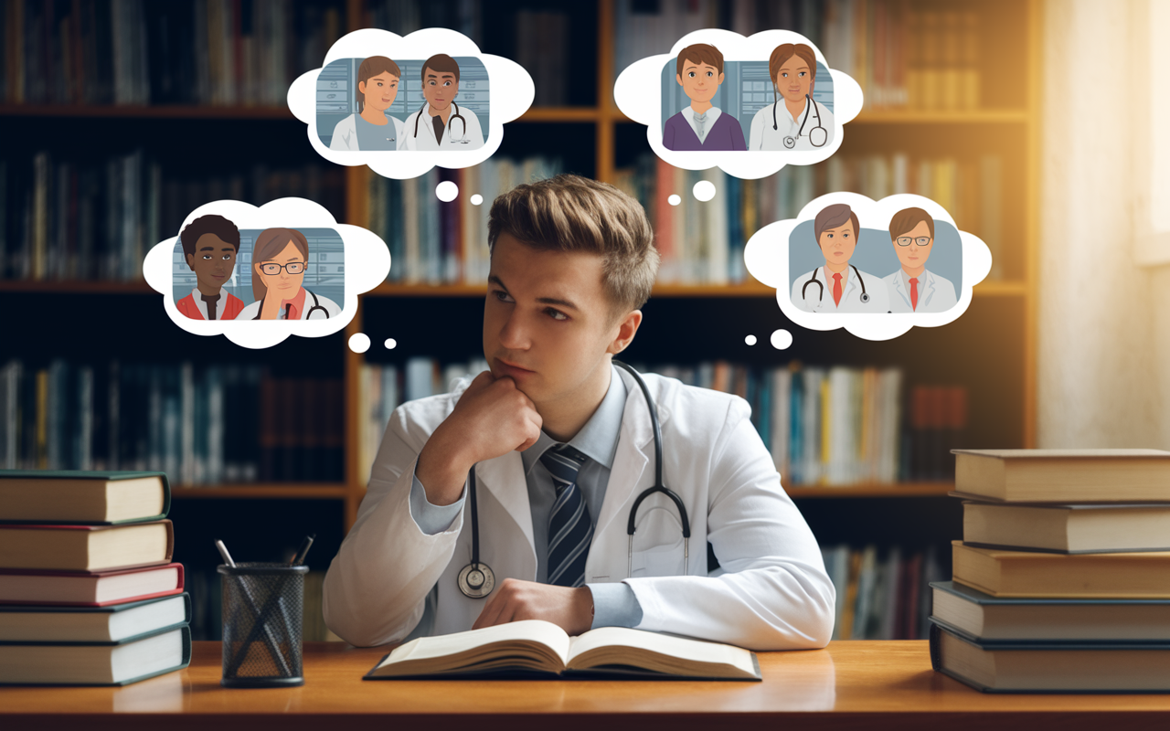 A thoughtful young medical student studying in a library, surrounded by books on various medical specialties. The lighting is warm and inviting, with sunlight filtering through a window, casting gentle shadows. The student is contemplating career choices, illustrated through thought bubbles showing images of different medical fields such as surgery, cardiology, and dermatology. This scene conveys the importance of strategic decision-making in shaping medical careers.