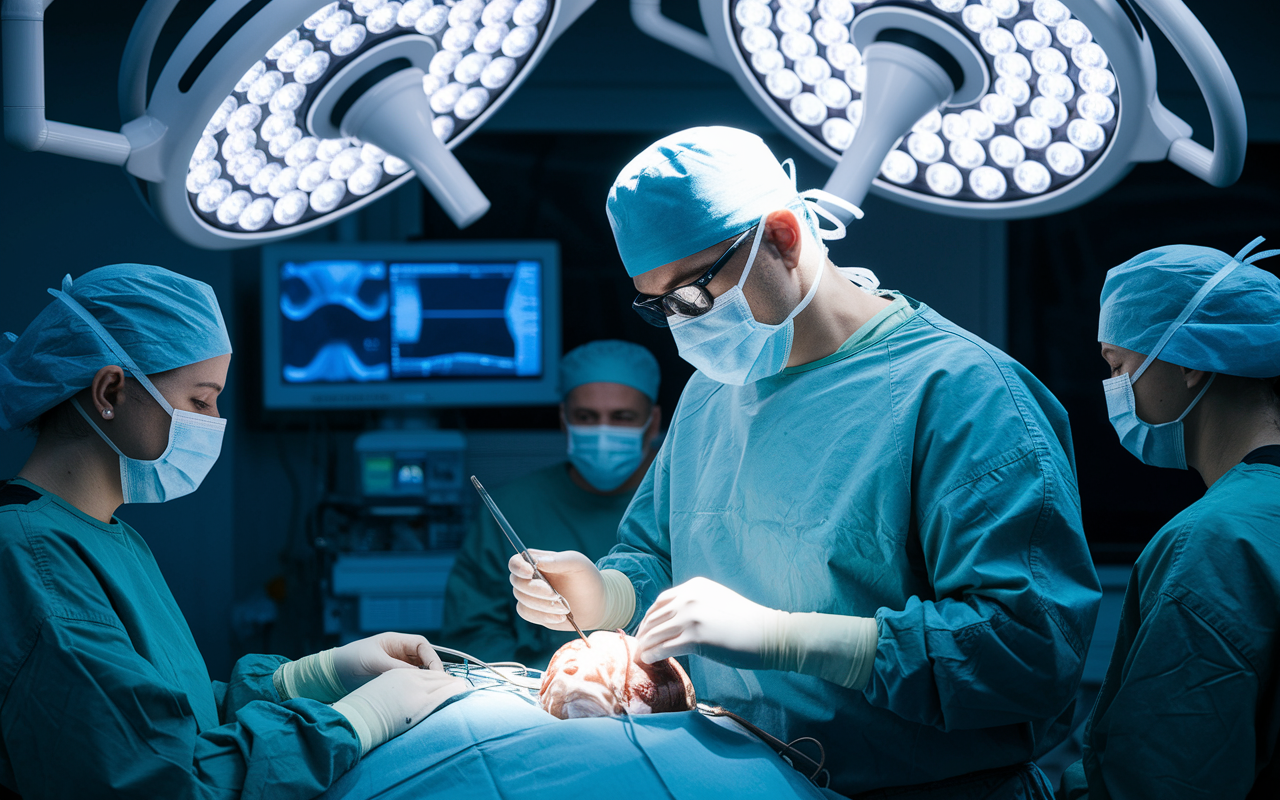 A neurosurgeon in full surgical attire, meticulously operating on a patient's brain under intense surgical lights in a modern operating room. The room is filled with advanced medical machinery, and the faces of focused surgical assistants can be seen in the background. The atmosphere is serious yet composed, emphasizing the precision and responsibility required in neurosurgery.