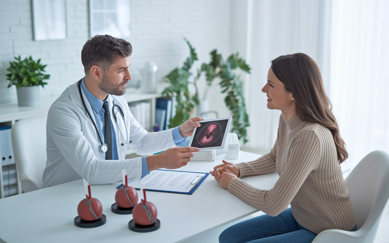 A cardiologist in a sleek, modern clinic, discussing the results of an echocardiogram with an attentive patient seated across a desk. Medical charts and cardiovascular models are tastefully arranged on the desk. The clinic is well-lit with a calming atmosphere, showcasing the importance of empathy and communication in healthcare.