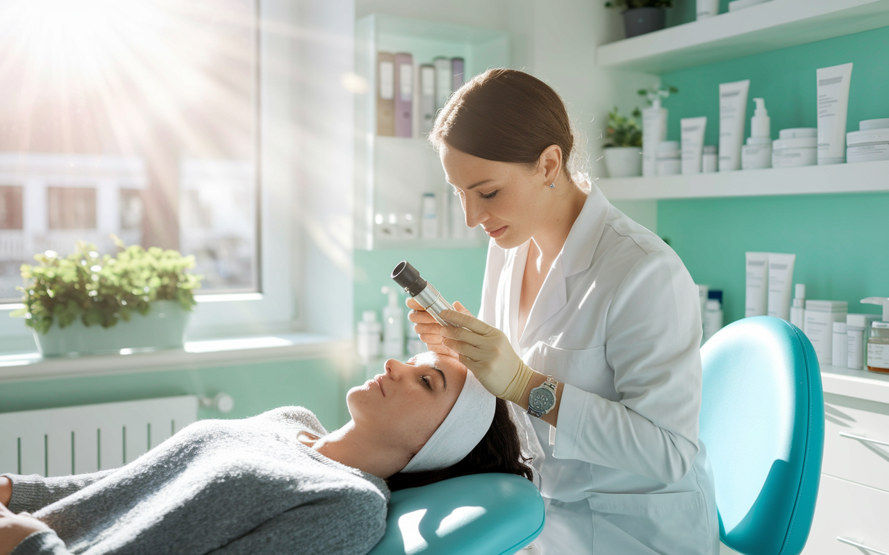 A dermatologist in a bright, inviting private practice office, examining a patient's skin with a dermatoscope. The room is decorated with soothing colors and skincare products are neatly displayed. Sunlight streams through a window, creating a warm and welcoming environment, highlighting the relaxed atmosphere of dermatology compared to other specialties.