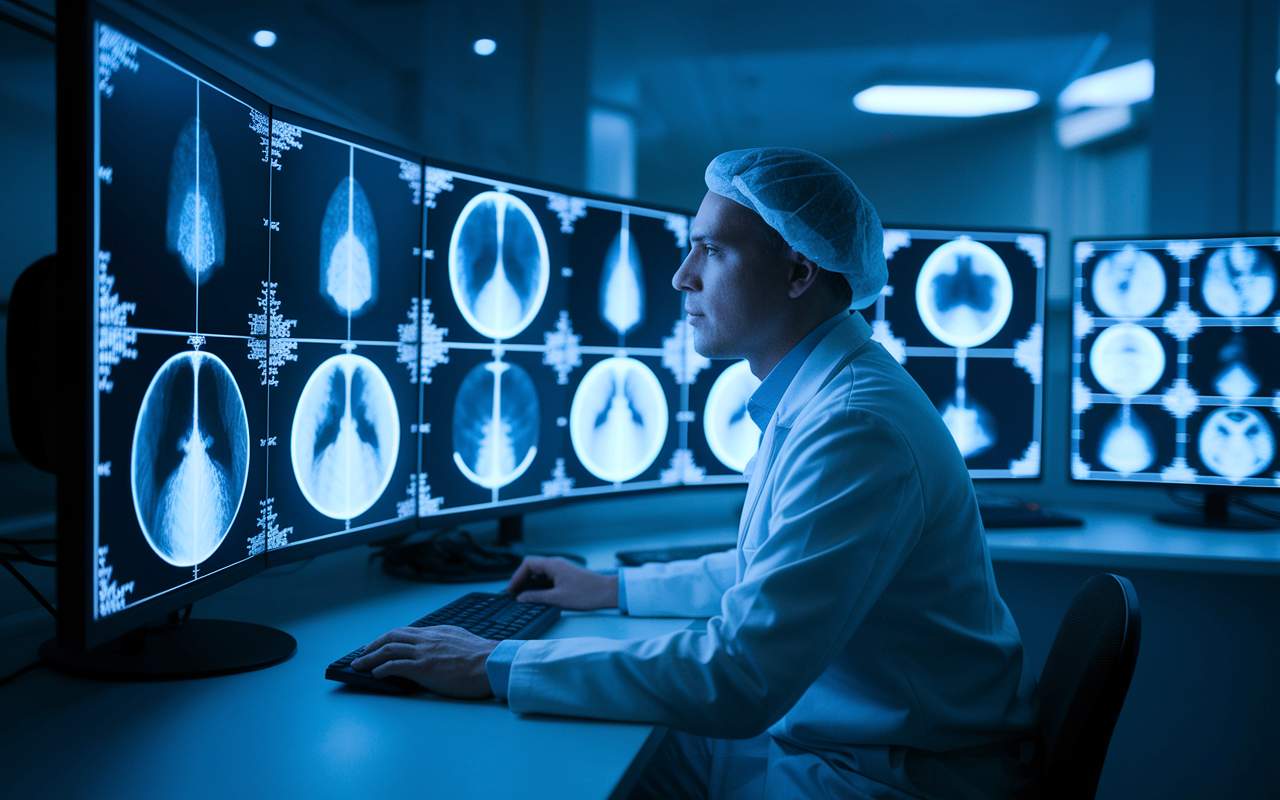 A radiologist inside a high-tech imaging center, intently analyzing medical scans on multiple monitors. The room is dimly lit except for the screen lights, emphasizing the focus on the glowing images of X-rays and MRIs. The atmosphere is professional and quiet, reflecting the critical nature of their diagnostic work.