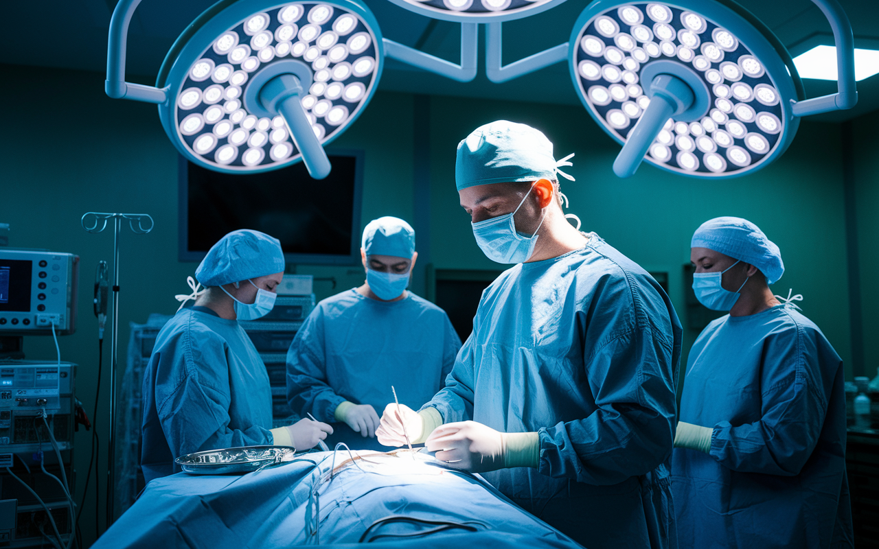 An anesthesiologist in a sterile surgical room, monitoring a patient's vital signs while preparing anesthesia for a surgery. The lights above cast a bright glow on the medical equipment surrounding the operating table, and a team of surgical staff is visible in the background, working with synchronized precision.