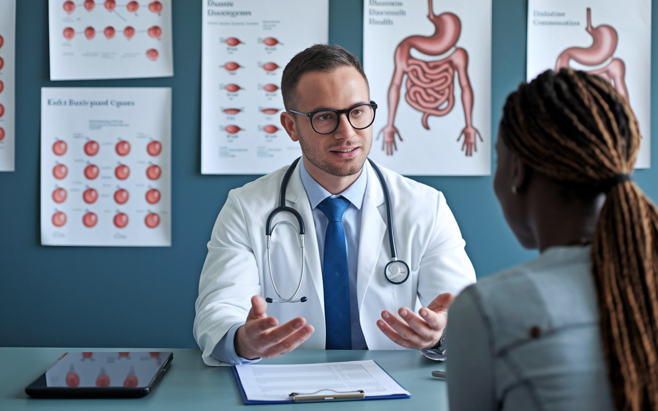 A gastroenterologist in a consultation room discussing a treatment plan with a patient. Medical charts and digestive health diagrams decorate the wall. The atmosphere is informative and supportive, demonstrating the importance of doctor-patient communication in specialized care.