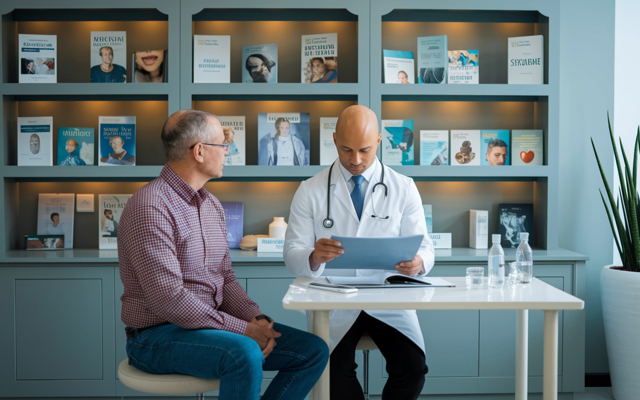 A urologist with a patient in a well-appointed clinic examining a medical report. The office is filled with modern decor and relevant medical publications, creating an informative yet comfortable environment for patients. Soft lighting highlights the professionalism in the room.