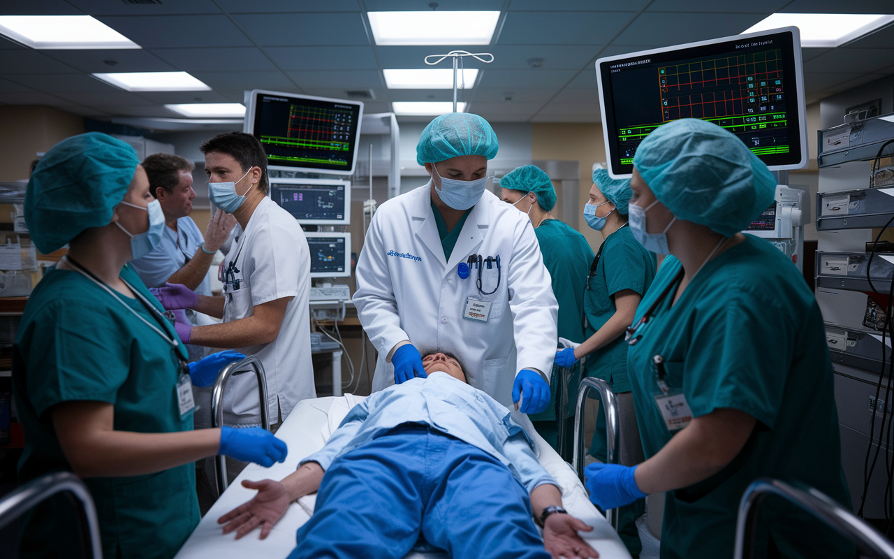 An emergency medicine physician in a bustling ER, attending to a patient in critical condition, with medical staff in action and various monitors beeping in the background. The atmosphere is tense but organized, showcasing the urgency and teamwork required in emergency medicine.