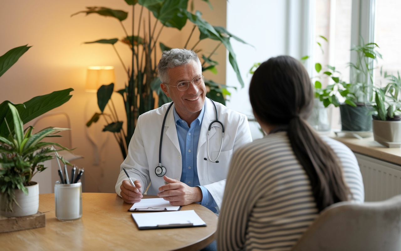 An oncologist in a supportive meeting room with a patient discussing a treatment plan against cancer. The environment is warm and inviting, with plant life incorporated into the decor. The oncologist demonstrates empathy, reflecting the emotional depth and responsibility of this specialty.