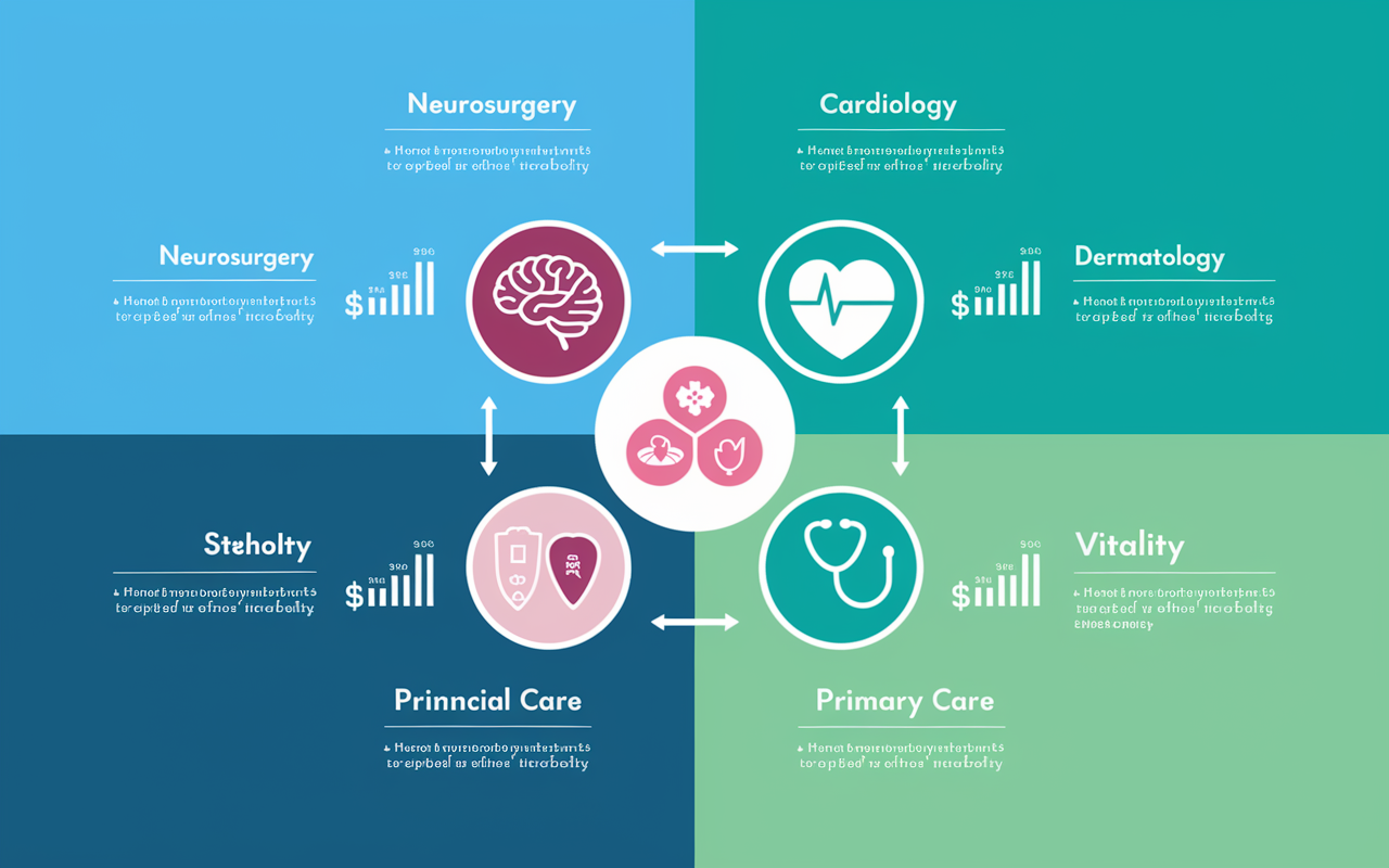 A vibrant infographic showcasing a variety of medical specialties, arranged in a circular layout. Each segment features icons representing the fields: neurosurgery with a brain silhouette, cardiology with a heart, dermatology with skin symbols, and primary care with a stethoscope. The background is a gradient of light blues and greens, symbolizing health and vitality, while small financial graphs overlay each section to denote potential salaries.