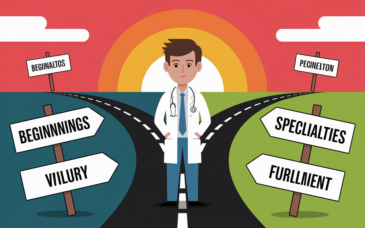 A contemplative young physician standing at a crossroads in a medical career path, visually represented by divergent roads with signs for various specialties. The background showcases a vibrant sunrise, symbolizing new beginnings and hopeful futures, while the physician gazes confidently toward the best path for success and fulfillment.