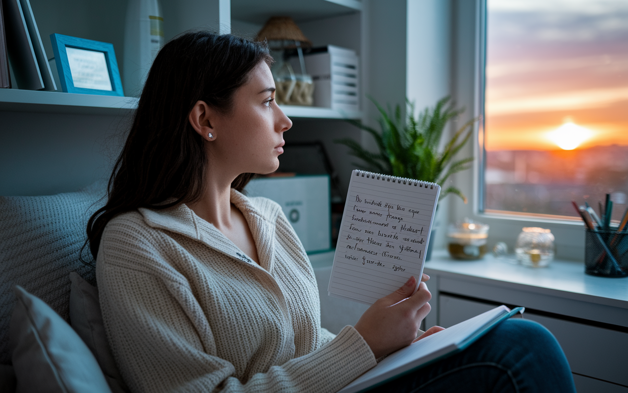 A pensive young woman in a cozy study space, surrounded by personal items that reflect her interests in medicine. She holds a notepad filled with reflections on her strengths and values, looking out at a sunset through a window. The atmosphere is calm and introspective, emphasized by soft, warm lighting that creates a serene environment for self-discovery.