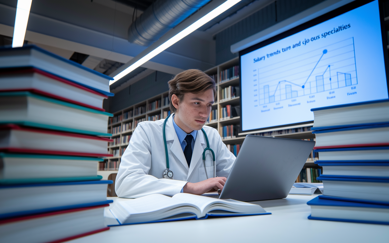 A determined medical student in a modern library, engrossed in a laptop, surrounded by stacks of medical books. The scene includes a projection screen displaying a graph of salary trends and job demands across various specialties. Overhead lights are bright, infusing the space with energy and clarity while the sound of pages turning contrasts with the quiet concentration.