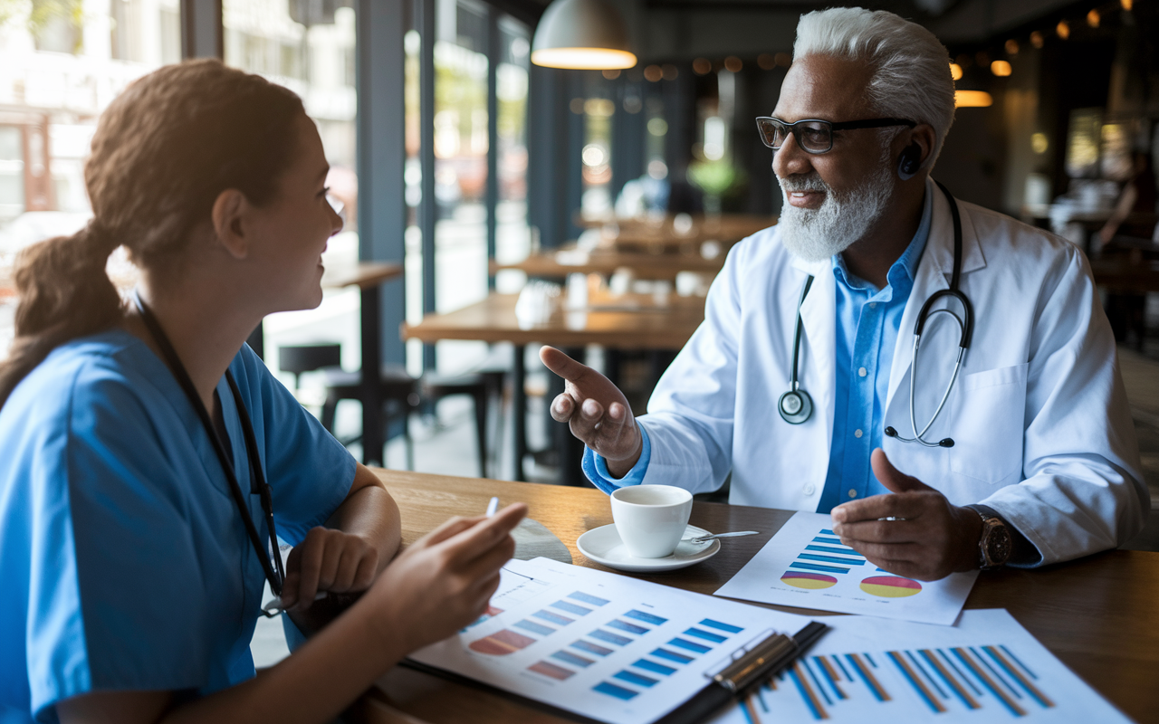 A lively café setting where an experienced physician shares insights with a young medical student over coffee. The table is filled with papers and charts detailing job satisfaction and daily responsibilities. The warm lighting creates an inviting atmosphere, showing expressions of inspiration and curiosity on both faces as they engage in meaningful dialogue.