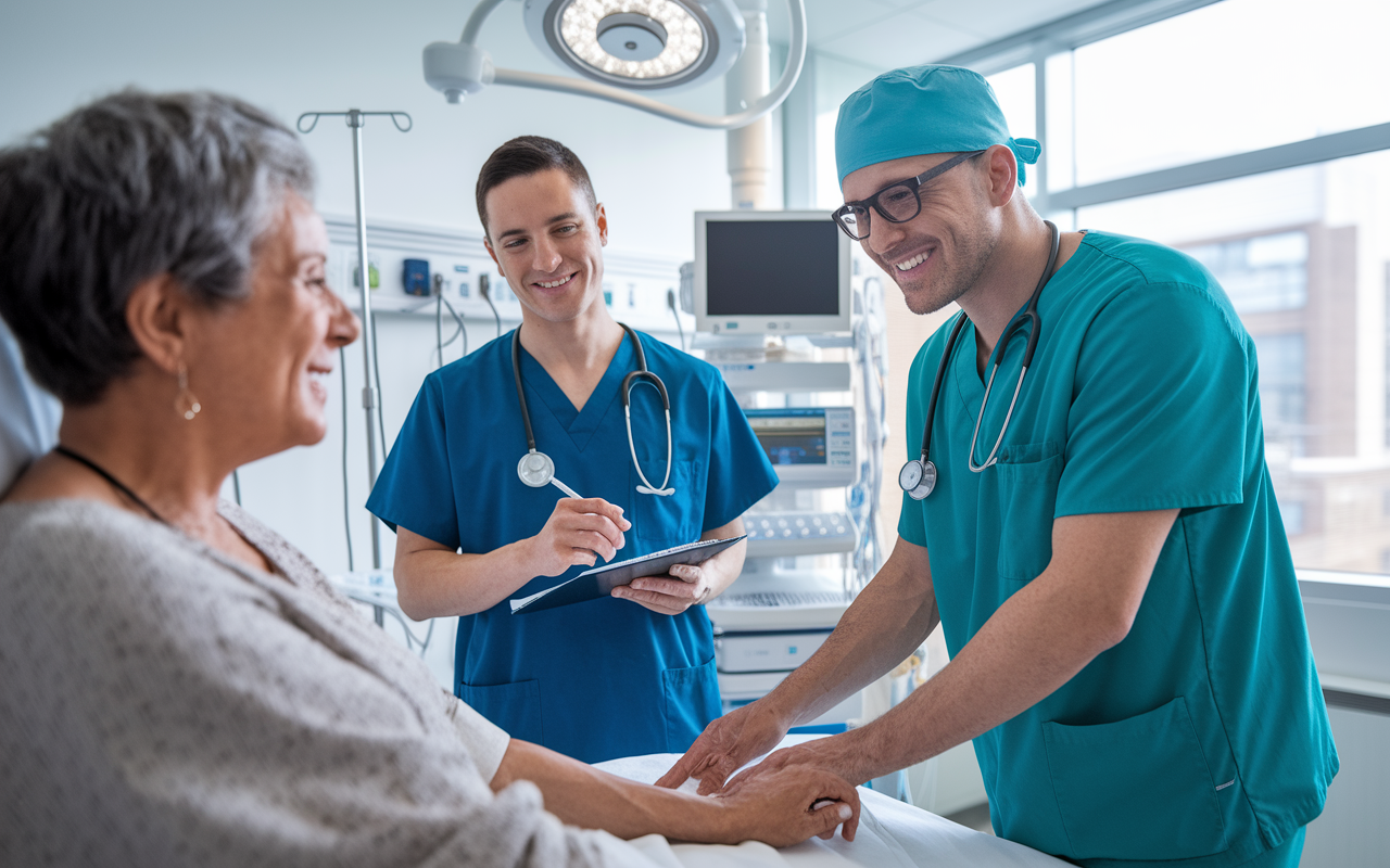 A bright hospital room where a medical student shadows a busy orthopedic surgeon performing a consultation with a patient. The scene is vibrant, capturing the intensity of the moment with healthcare equipment in the background. The surgeon is demonstrating professionalism and compassion, while the student takes notes, eager to learn about the hands-on aspects of the specialty.