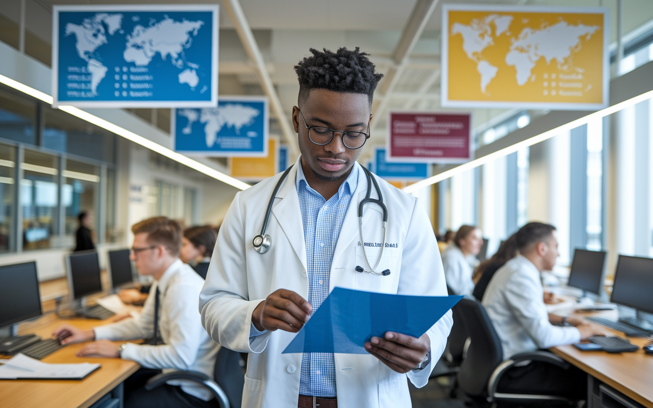 A focused medical student reviewing a detailed report on job market trends in a bustling university career center. Clips of geographical maps and salary statistics decorate the workspace, which is filled with fellow students engaged in career planning. Bright fluorescent lights create a dynamic atmosphere of preparation and opportunity.