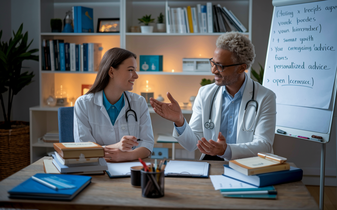 A cozy office where an experienced medical mentor and a young mentee calmly discuss career choices. Both are surrounded by medical books and certifications, with the mentor gesturing towards a whiteboard filled with personalized advice. The atmosphere is supportive and nurturing, illuminated with soft lighting to create an inviting environment for open conversation.