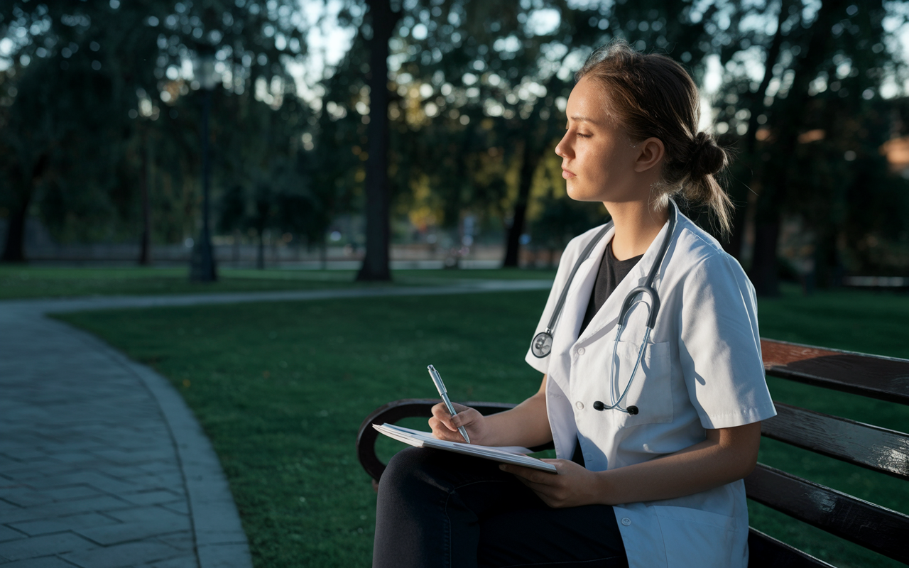 A serene setting with a young medical student contemplating her future at a park. She sits on a bench with a journal, writing down thoughts about work-life balance and future aspirations. The soft evening light casts beautiful shadows around her, highlighting the importance of lifestyle choice in a medical career.