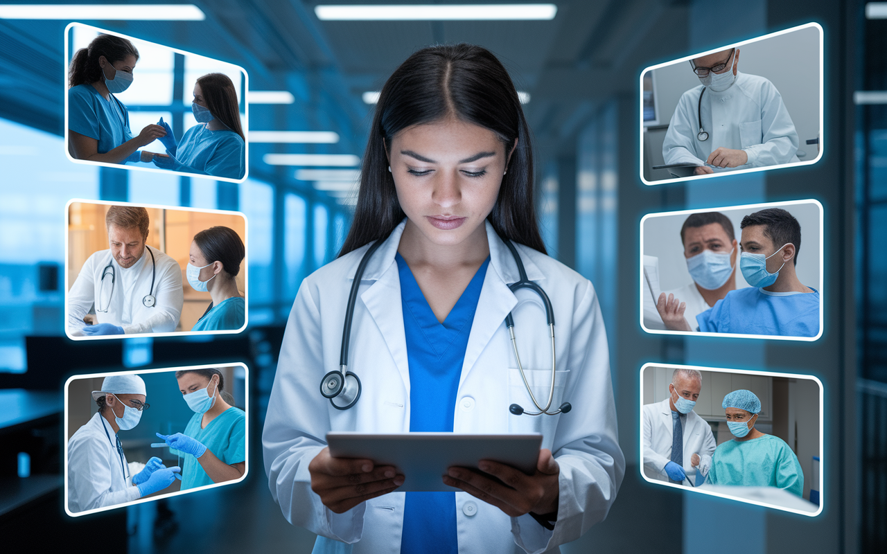 An intense yet hopeful atmosphere as a young medical student finalizes her specialty choice on a digital tablet. The background features visual representations of various specialties—surgeries and patient interactions—capturing the importance of this decision. Illuminate the scene with clear, bright lighting to emphasize clarity and optimism.