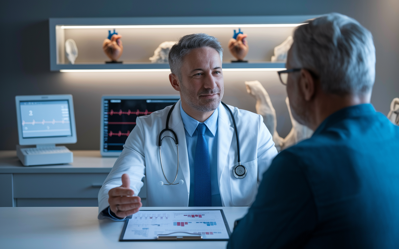 A cardiologist in a sleek, modern office, engaged in a consultation with a middle-aged patient. The background features medical equipment like an EKG machine and heart monitors, while anatomical heart models are displayed on a shelf. Soft yet bright lighting illuminates the scene, creating an atmosphere of care and professionalism, as the cardiologist attentively explains a treatment plan, with charts and diagrams visible.