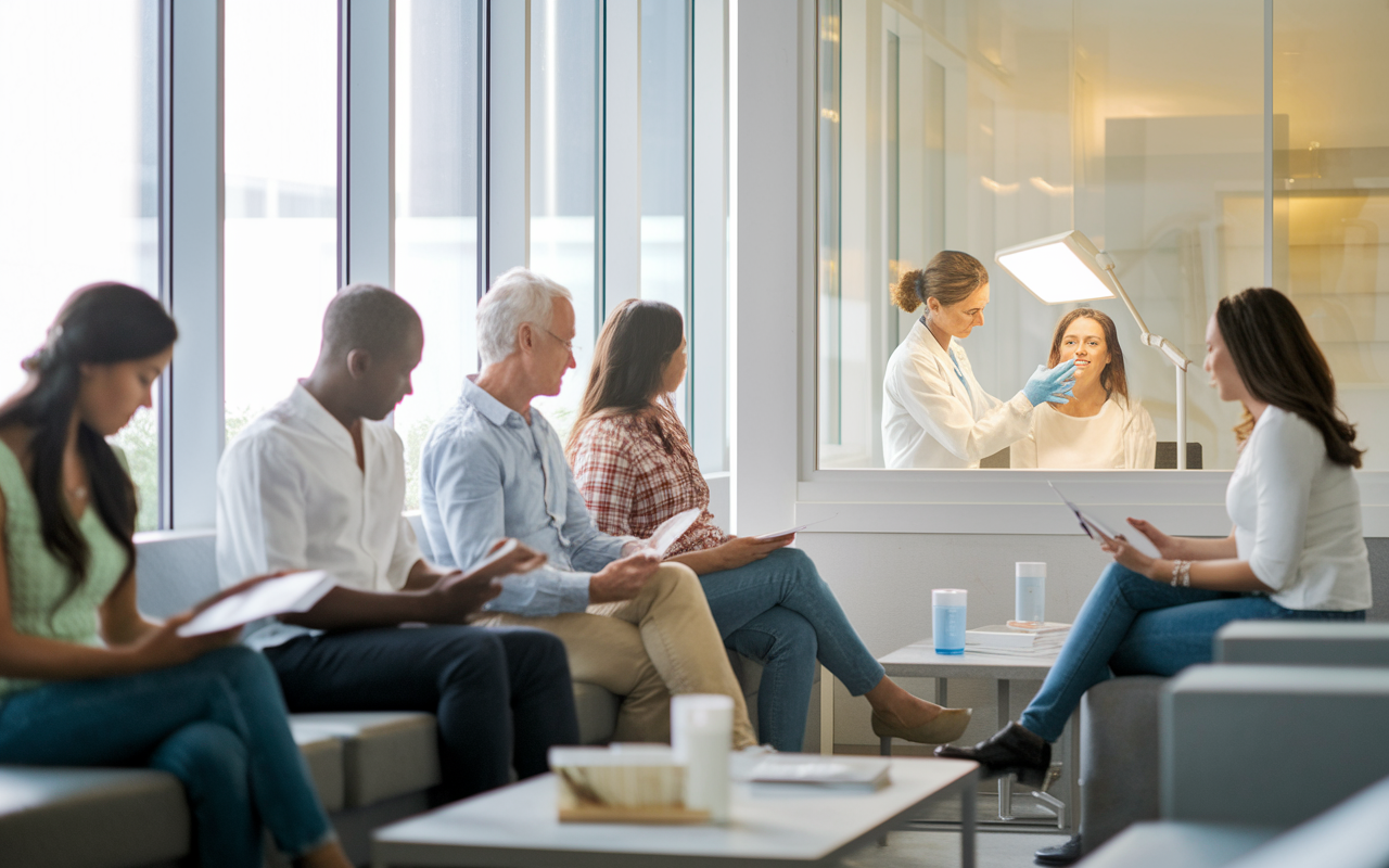 A welcoming dermatology clinic waiting area, with soft, natural light streaming through large windows. Patients of diverse backgrounds are seated, some looking at brochures on skin care, while a dermatology specialist is visible through a glass partition examining a patient's skin under a bright lamp. The ambiance is calm and inviting, showcasing the aesthetic and therapeutic aspects of dermatology.