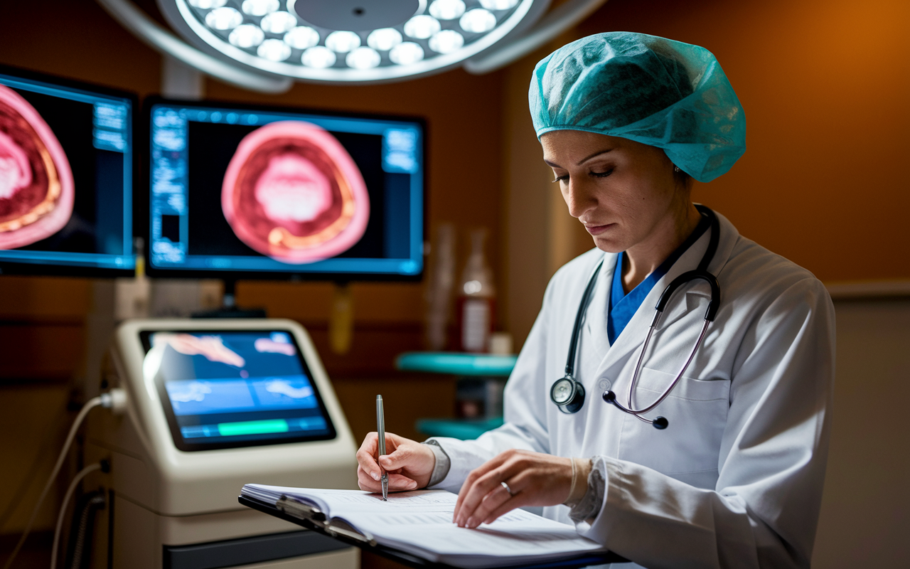 A gastroenterologist in a procedure room, preparing for an endoscopy. The room is equipped with sophisticated endoscopic equipment and monitors displaying digestive tract images. The physician wears a focused expression as they review a patient’s chart, readying for a procedure. Warm lighting softens the clinical environment, suggesting a blend of technology and patient care.