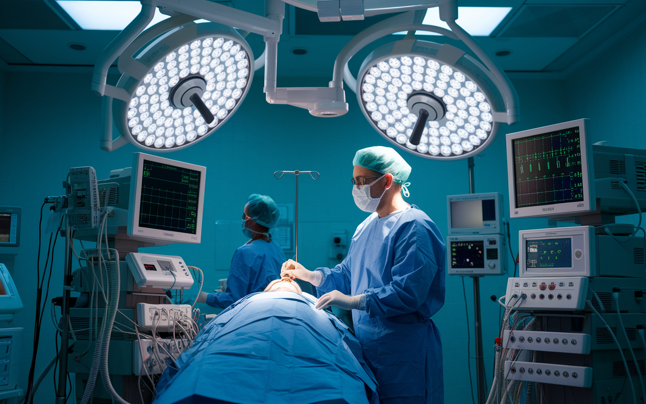 An anesthesiologist in a busy operating room, monitoring a patient’s vital signs during surgery. The environment is high-tech, filled with anesthetic machines, monitors, and surgical instruments. Bright overhead lights cast a crisp glow, highlighting the anesthesiologist’s focus and professionalism as they adjust the anesthesia levels, ensuring the patient’s comfort and safety.