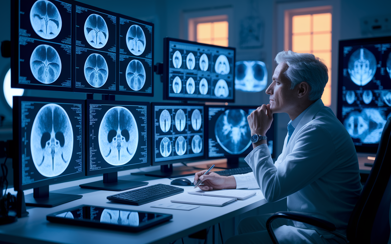 A radiologist in an office filled with digital screens, analyzing MRI and CT scans. The monitors display various images of organs and structural anomalies while the room glows softly from the screens’ illumination. The radiologist, looking thoughtful, makes notes, reflecting on the importance of precision in diagnosis. The scene captures the advancement of technology in diagnostics.