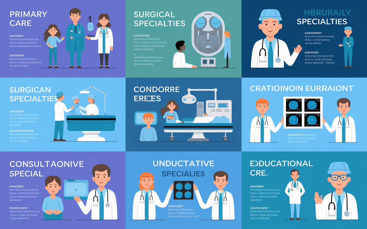 A colorful infographic detailing various medical specialties. Split into sections, each category contains icons and brief descriptions: Primary Care includes a family medicine doctor with patients, Surgical Specialties shows a surgeon in an operating room, Consultative Specialties features a radiologist with imaging scans. The design is modern, educational, and visually engaging, with a clean layout and vibrant colors to represent the diversity in medical professions.