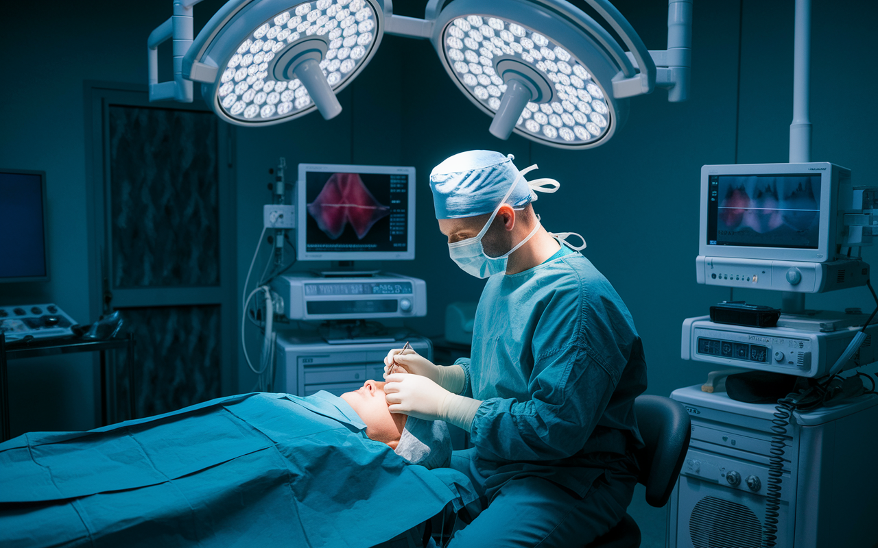 A plastic surgeon in a state-of-the-art operating room, performing a cosmetic procedure with precision. The surgeon is focused, wearing surgical attire, while the room is filled with advanced tools and monitors. The bright lights highlight the importance of detail in aesthetic treatments, while the atmosphere remains calm and focused.