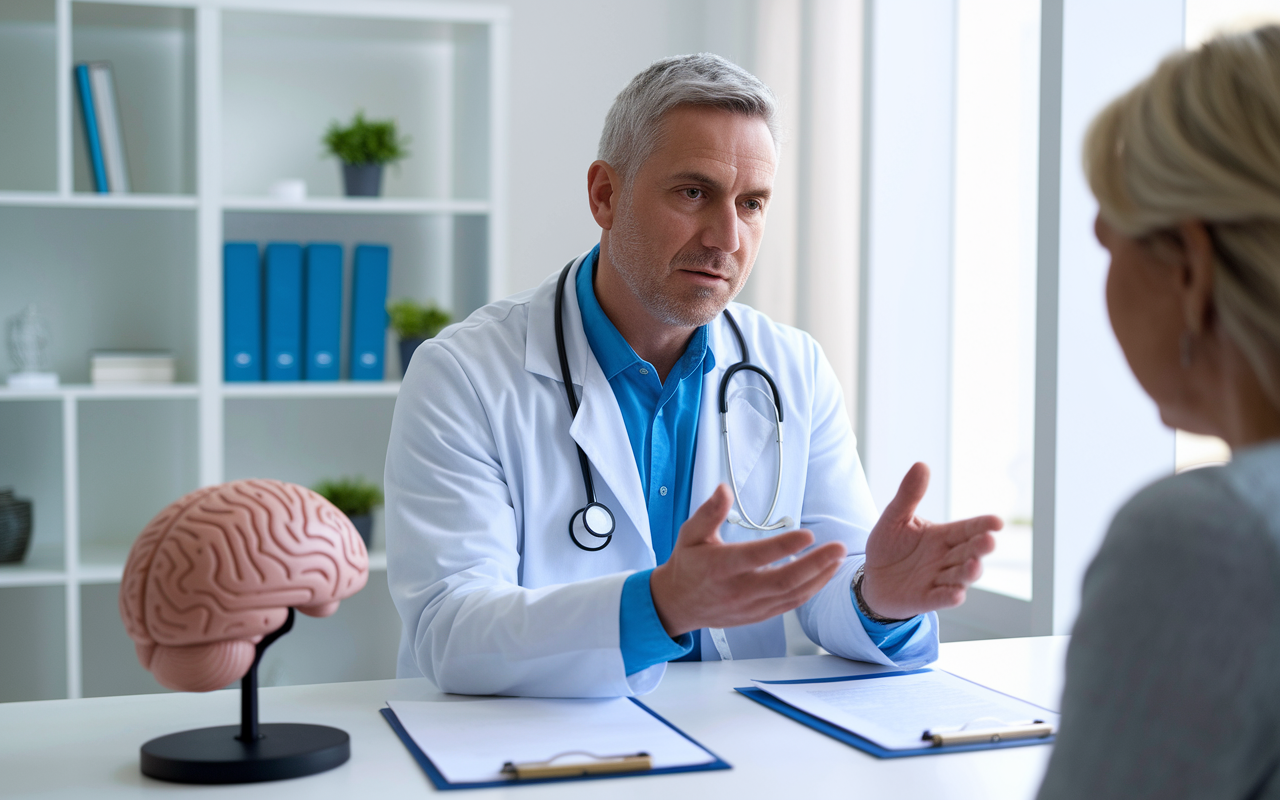 A neurologist in a well-equipped consultation room discussing neurological disorders with a patient. The neurologist uses models of the brain to explain diagnoses and treatment options. The setting is bright and informative, showcasing the growing importance of neurology in contemporary medical practice.