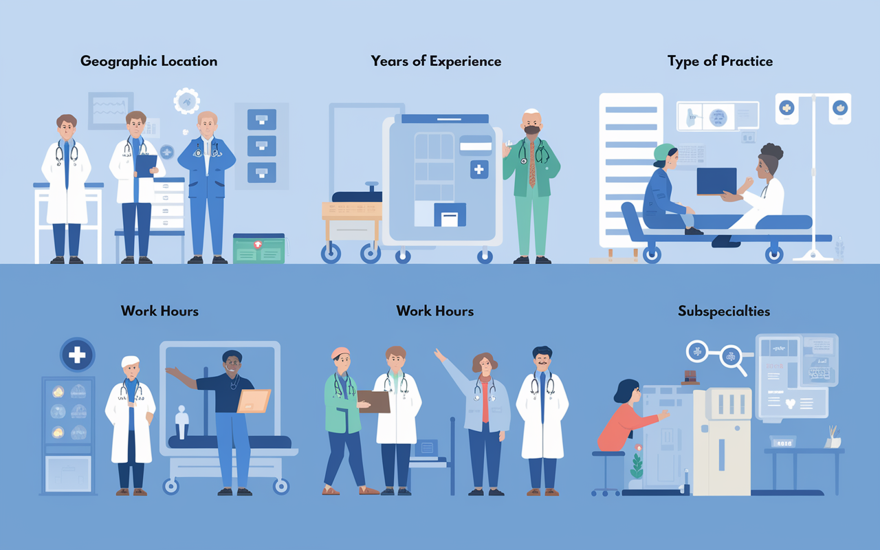 A visual representation of various factors influencing physician salaries in the medical field. The chart features icons for geographic location, years of experience, type of practice, work hours, and subspecialties. Each factor is visually illustrated to show its impact on earning potential, set against a backdrop of a hospital environment.