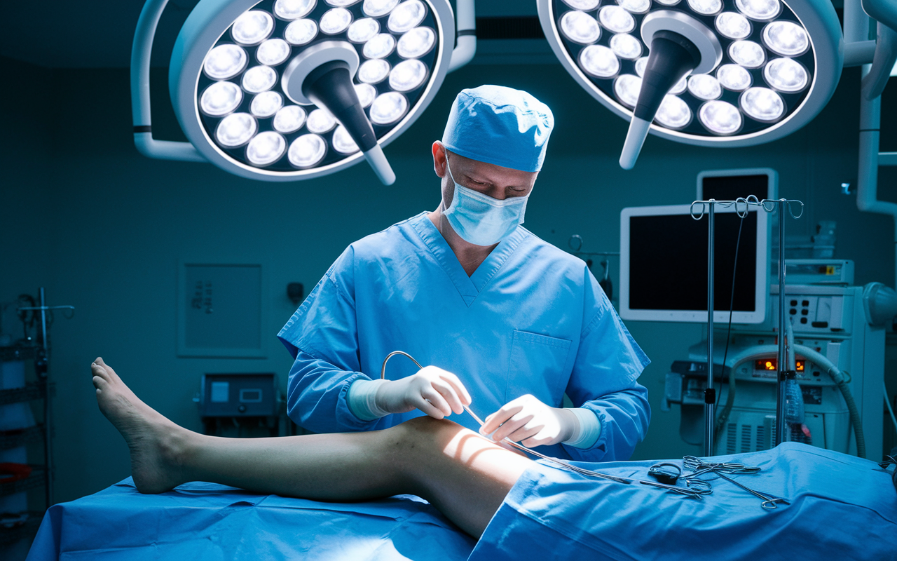 A focused orthopedic surgeon in blue scrubs and a mask, performing surgery on a patient’s knee in a high-tech operating room. The surgeon looks determined and skilled, surrounded by medical instruments and monitoring equipment, with bright surgical lights illuminating the scene. The atmosphere conveys precision and professionalism, emphasizing the complexity and importance of orthopedic procedures.