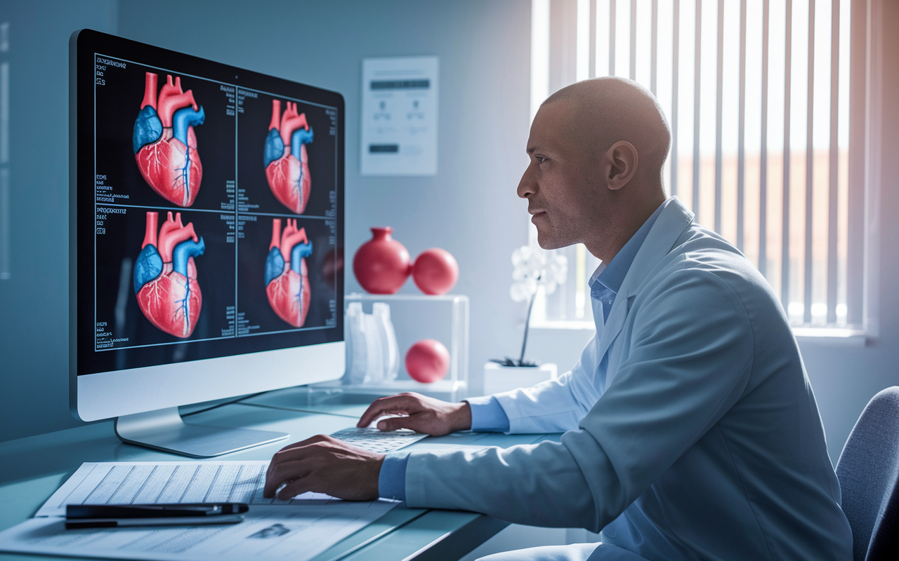 A professional cardiologist reviewing heart imaging on a large computer screen in a modern examination room. The cardiologist, wearing a lab coat, appears engaged and thoughtful, surrounded by medical charts and heart health models. Soft, natural light filters in through a window, creating a calm yet serious atmosphere that highlights the critical nature of cardiac health.