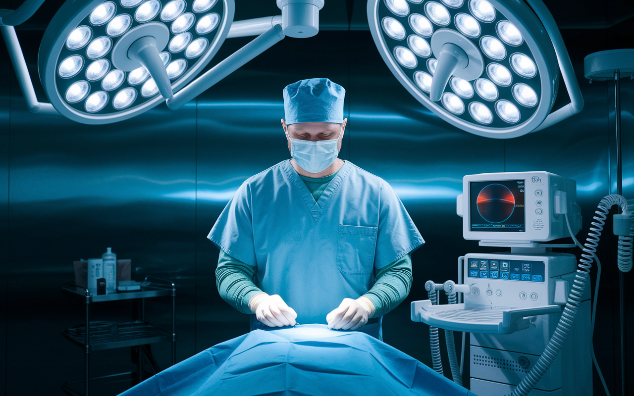 A gastroenterologist in a sterile environment preparing for an endoscopy procedure, surrounded by advanced medical equipment. The physician, wearing scrubs and gloves, looks focused and ready to assist the patient on the table. Bright surgical lights and clean surfaces highlight the importance of hygiene and precision in this specialty.