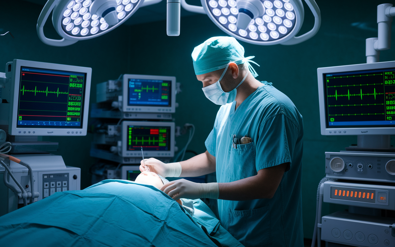 An anesthesiologist in an operating room, attentively monitoring a patient under anesthesia. The scene is filled with high-tech monitoring equipment displaying vital signs, while the anesthesiologist is focused and calm, ensuring patient safety. The bright lights and sterile environment convey the critical role anesthesiologists play in surgical procedures.