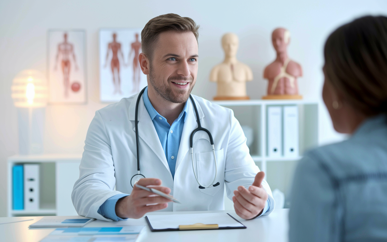 A urologist in a clean, bright clinic setting, discussing treatment options with a patient. The urologist appears empathetic and knowledgeable, surrounded by medical charts and anatomical models. The room is well-lit with soft lighting, creating a comfortable environment for patient consultations.