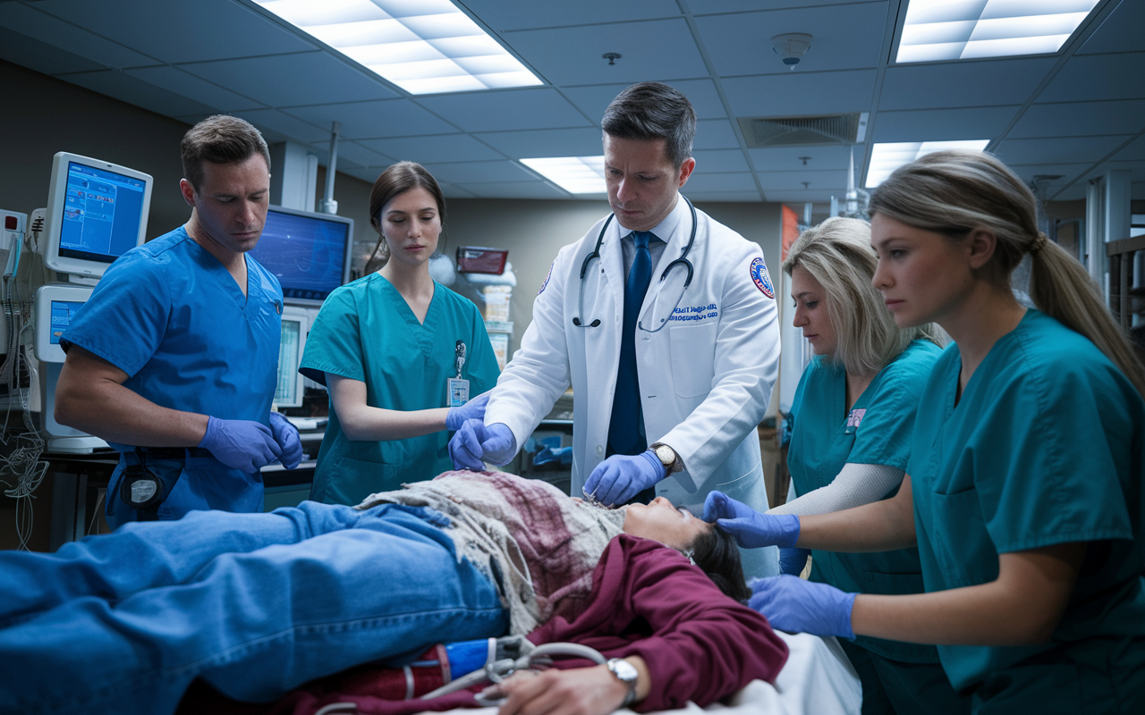 An emergency physician in a fast-paced emergency room, attending to a critically injured patient, surrounded by a team of medical staff. The scene is dynamic, with bright lights, medical equipment, and urgency in the air. The emergency physician is focused and methodical, depicting the challenges and intensity of working in this specialty.