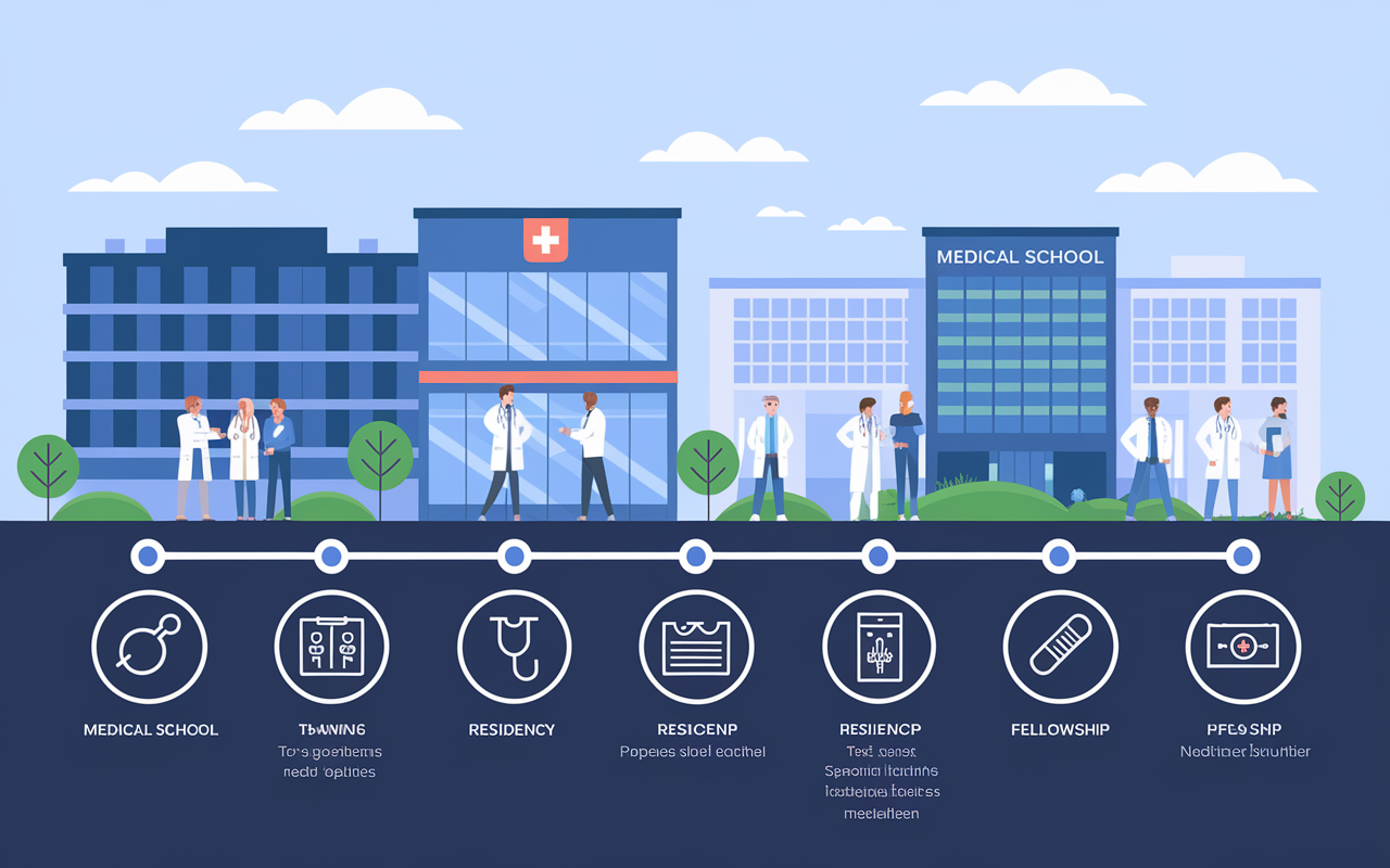 An educational infographic-style illustration depicting the timeline of medical training for various specialties. It shows milestones such as medical school, residency, and fellowship, with icons representing different specialties. The background features a modern medical school and hospital, encapsulating the theme of dedication and extensive training in medicine.