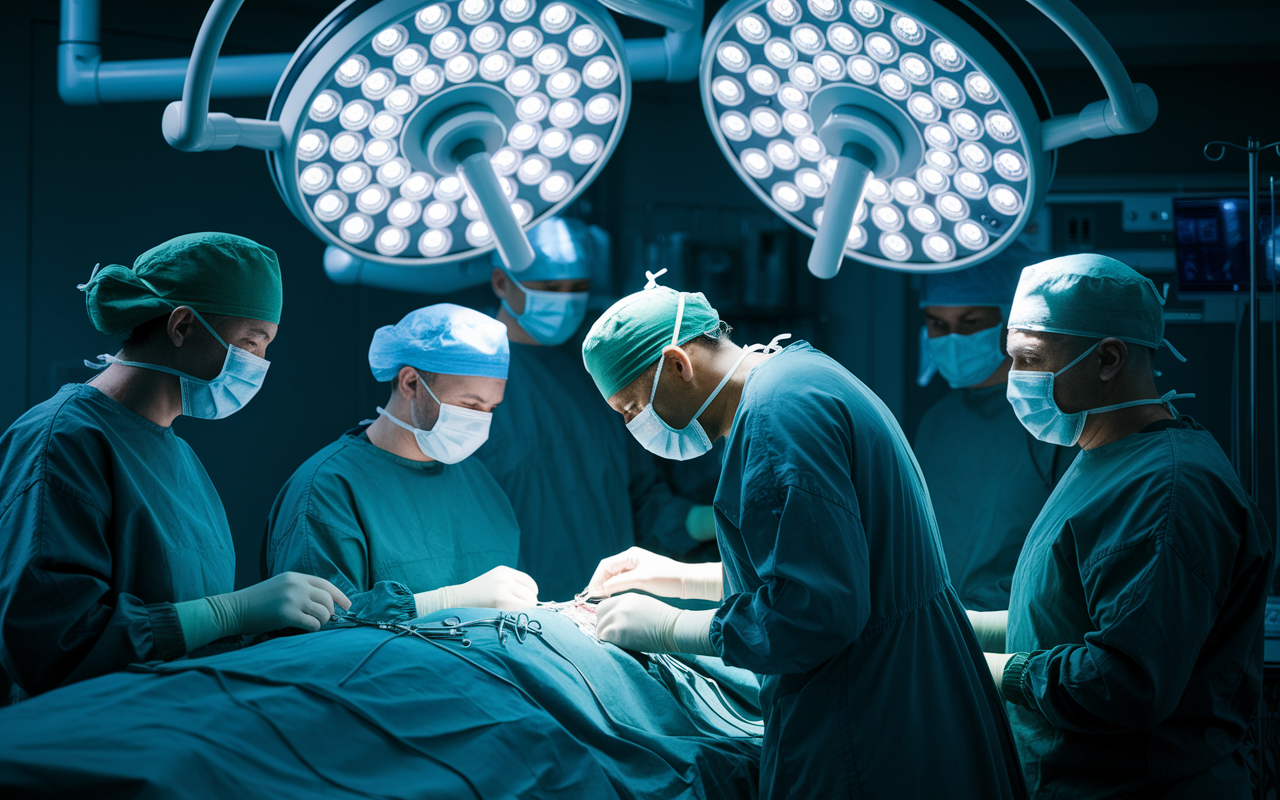 A dramatic, high-energy scene of an anesthesiologist in a surgical theater, intently monitoring a patient under anesthesia amidst a complex surgical procedure. Bright overhead surgical lights cast a focused beam on the operating table, with surgeons in scrubs and masks working diligently. The atmosphere is tense yet controlled, highlighting the crucial and high-stakes nature of medical specialties.