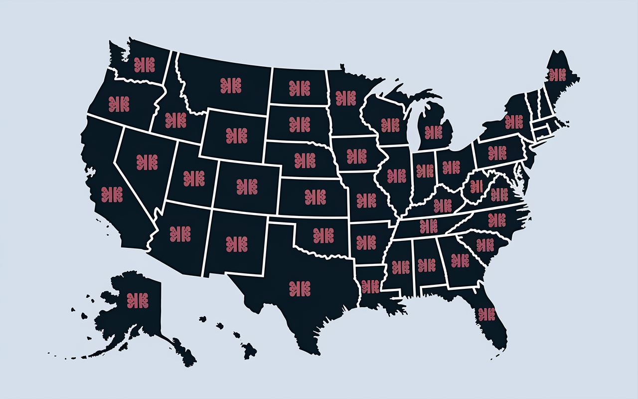 A map highlighting different regions of the United States, illustrating variations in physician salaries by geographic location. Cities with higher living costs like New York and San Francisco are depicted with symbols reflecting elevated earnings, contrasted with rural areas. The overall theme presents a colorful and engaging visualization of the relationship between location and compensation in the medical field.