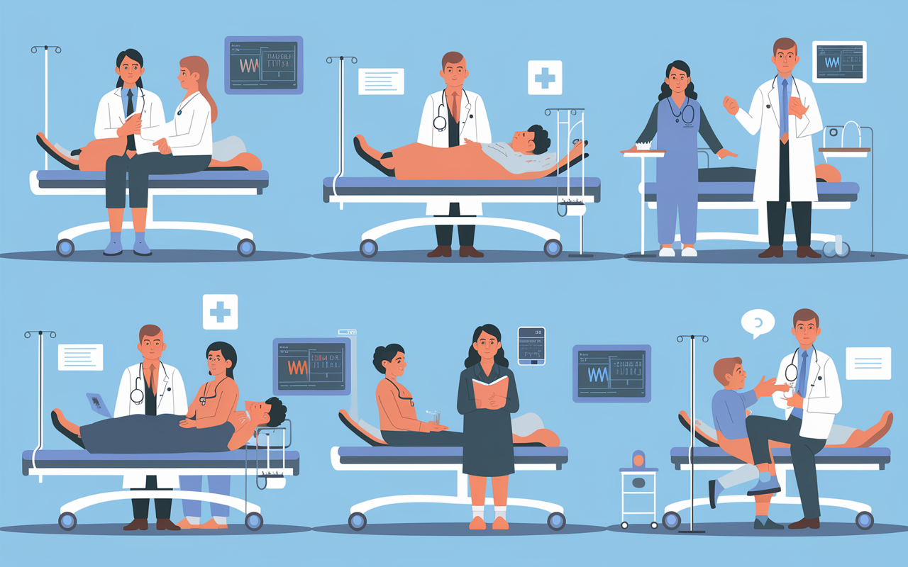 An illustration depicting a busy hospital environment with a physician managing a diverse patient load. Different patient scenarios are shown in treatment rooms with complex cases being addressed. The physician is shown thoughtfully engaging with patients, highlighting the balance between case complexity and patient volume management, emphasizing efficiency and quality of care.