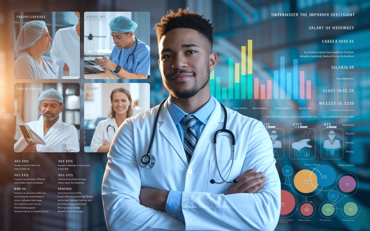 A focused young physician surrounded by diverse medical texts and a vibrant chart depicting various specialties. The backdrop includes images of patients and surgical instruments, as well as infographics showing salary ranges for different medical fields. The lighting is warm and inviting, symbolizing the importance of making informed career decisions in a compassionate healthcare environment, with a sense of hope and dedication in the physician's expression.