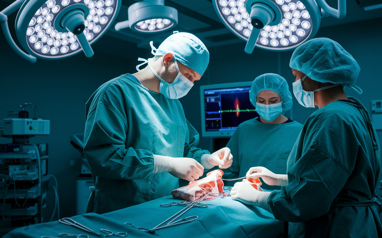 A skilled orthopedic surgeon in sterile scrubs, intensely focused while performing complex joint surgery in a high-tech operating room. The background shows advanced surgical equipment, with surgical lights illuminating the scene. The patient is safely monitored under bright anesthetic lights, and the surgeon is supported by attentive surgical assistants, conveying the urgency and precision involved in this high-paying medical specialty, with an atmosphere of professionalism.