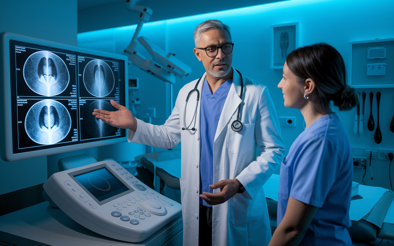 An experienced cardiologist standing in front of a digital screen displaying heart scans, explaining diagnostic results to a nurse. The room is filled with advanced technology, including echocardiograms and stethoscopes. Soft blue ambient lighting highlights the importance of heart health and patient education, creating an engaging and professional atmosphere.