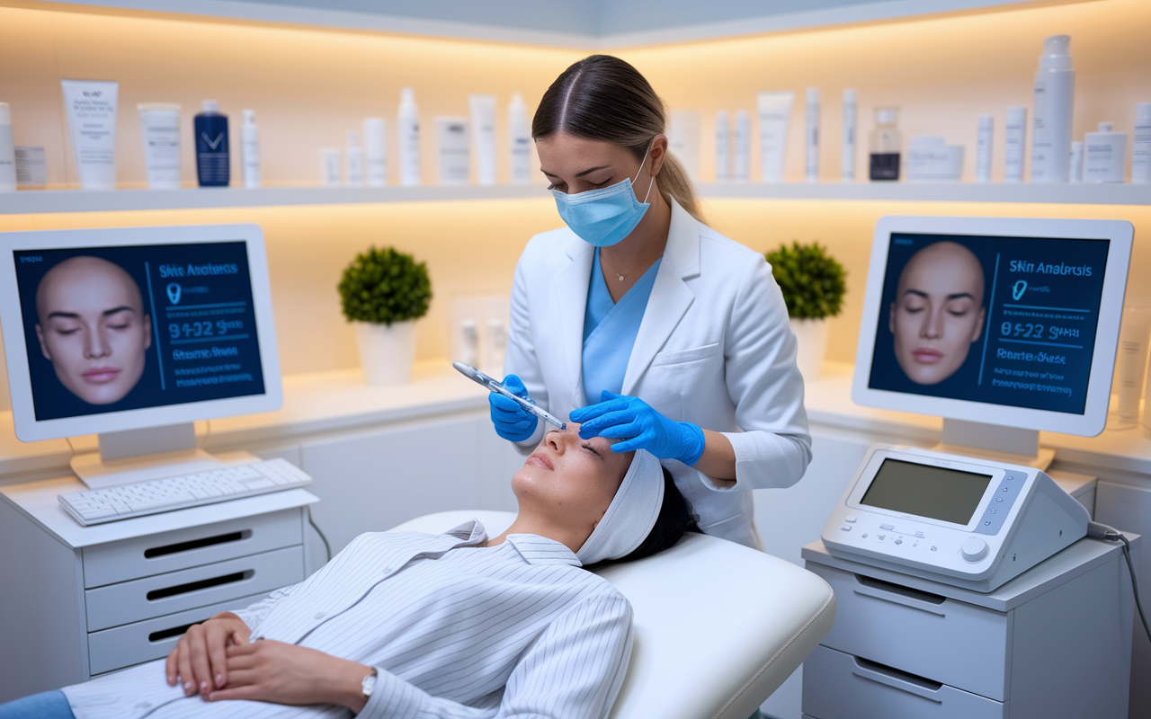 A dermatologist in a pristine clinic, performing a cosmetic procedure on a patient while discussing skin health. Surrounding them are skincare products and digital monitors displaying skin analysis results. The room exudes a calm and professional ambiance with warm lighting, symbolizing the balance between aesthetics and medical care, reflecting the dermatologist's dual role as a healthcare provider and cosmetic expert.