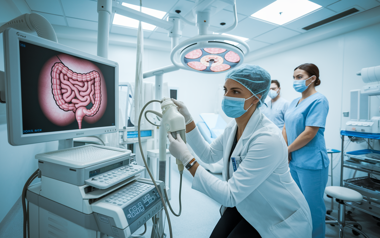 A gastroenterologist skillfully conducting an endoscopy procedure within a well-equipped examination room, with detailed visuals on a monitor displaying the digestive tract. The room is filled with advanced equipment, and nursing staff are present to assist. The environment is bright and clinical, emphasizing the complexity of gastrointestinal procedures and the specialist’s expertise.