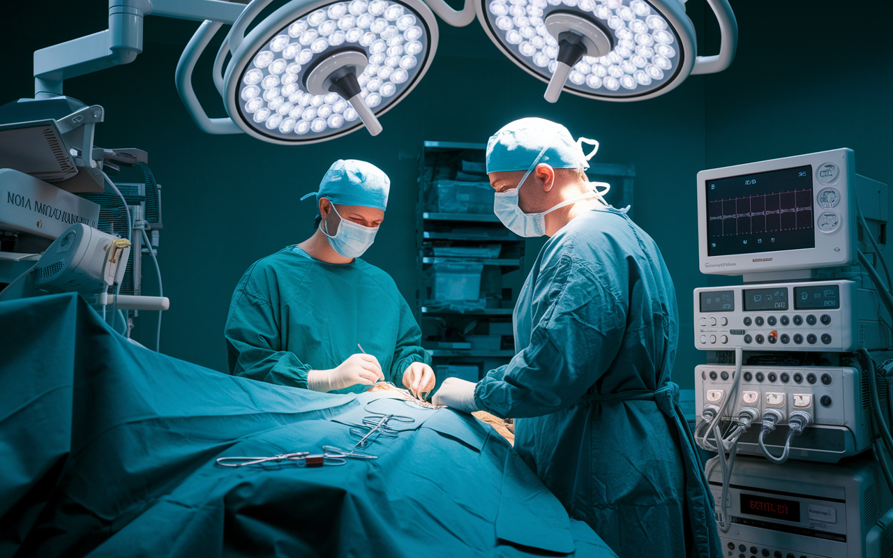 An anesthesiologist attentively monitoring a patient during surgery, equipped with sophisticated monitoring equipment and anesthesia machines. The surgical room is bustling with activity, illuminated by bright surgical lights. This image captures the focus and precision required in anesthesiology, emphasizing the critical role this specialty plays in ensuring patient safety during procedures.