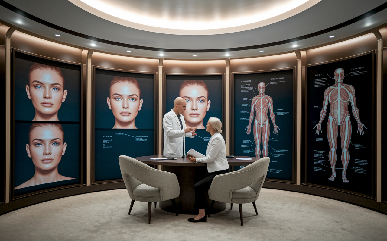 A plastic surgeon discussing options with a prospective patient in a modern surgical office. The exhibit shows before-and-after images of previous surgeries and anatomical diagrams, with the surgeon providing expert advice. The room is elegantly designed, showcasing professionalism and trust, with soft lighting that fosters a comforting atmosphere.