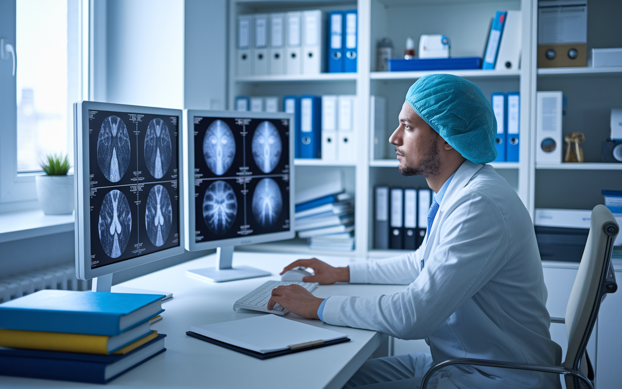 A radiologist intently examining medical images on dual monitors in a bright, well-equipped office filled with medical books and imaging technology. The atmosphere is analytical and focused, highlighting the radiologist's critical role in diagnosing complex conditions and the importance of technology in modern healthcare.